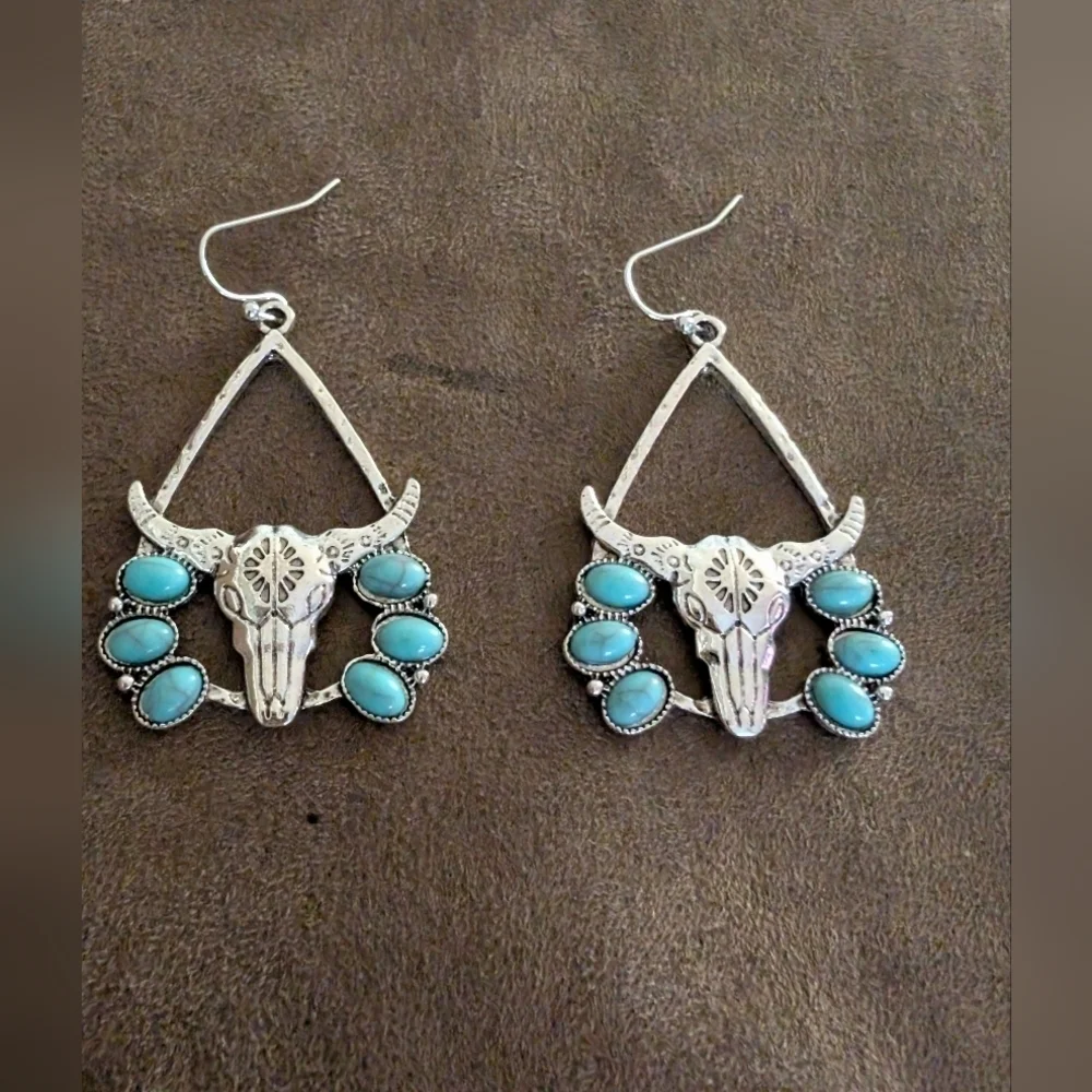 Turquoise and Silver Bull Skull Earrings